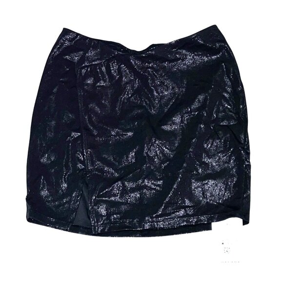 Halara Shimmery Black Slit Front Mini Skirt Sz XS Shiny Black 4 Way Stretch - Picture 2 of 8